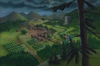 Movie still from “Animaniacs: Wakko's Wish” (1999), directed by Kirk Tingblad – An animated picture of a village in the middle of the night; Extreme Wide shot, High angle