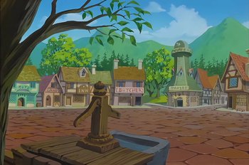 Movie still from “Animaniacs: Wakko's Wish” (1999), directed by Kirk Tingblad – An animated picture of a town with a fire hydrant in front of it; Extreme Wide shot, High angle