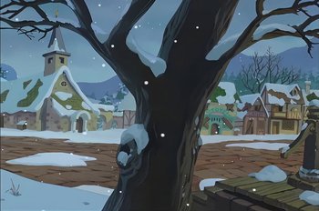 Movie still from “Animaniacs: Wakko's Wish” (1999), directed by Kirk Tingblad – An animated picture of a tree in the middle of a snowy town; Extreme Wide shot, High angle