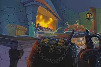Movie still from “Animaniacs: Wakko's Wish” (1999), directed by Kirk Tingblad – An illustration of a kitchen with a fireplace and food; Wide shot, High angle