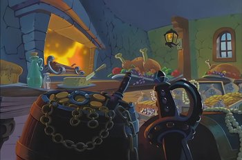 Movie still from “Animaniacs: Wakko's Wish” (1999), directed by Kirk Tingblad – An artistic painting of a room with a fireplace and a table; Wide shot, High angle