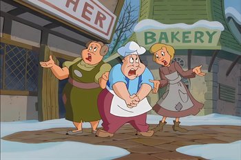 Movie still from “Animaniacs: Wakko's Wish” (1999), directed by Kirk Tingblad – A group of people standing next to each other on a sidewalk; Wide shot, High angle