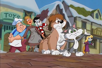 Movie still from “Animaniacs: Wakko's Wish” (1999), directed by Kirk Tingblad – A group of cartoon characters standing next to each other; Wide shot, High angle