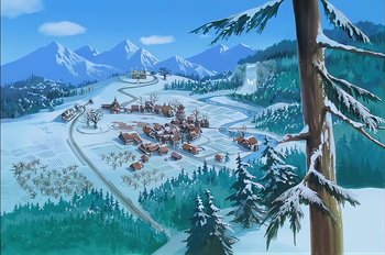 Movie still from “Animaniacs: Wakko's Wish” (1999), directed by Kirk Tingblad – An artist's rendering of a town in the snow; Extreme Wide shot, High angle