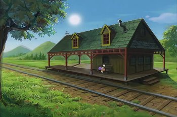 Movie still from “Animaniacs: Wakko's Wish” (1999), directed by Kirk Tingblad – An animated picture of a house on a train track; Extreme Wide shot, Low angle