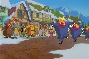 Movie still from “Animaniacs: Wakko's Wish” (1999), directed by Kirk Tingblad – A group of people standing in front of a building; Wide shot, Low angle
