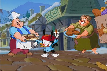Movie still from “Animaniacs: Wakko's Wish” (1999), directed by Kirk Tingblad – A group of people standing next to each other holding trays of food; Medium shot, High angle