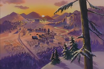 Movie still from “Animaniacs: Wakko's Wish” (1999), directed by Kirk Tingblad – An artistic painting of a rural area in the snow; Extreme Wide shot, High angle