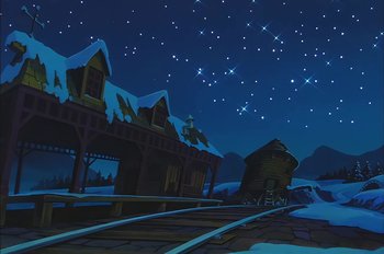 Movie still from “Animaniacs: Wakko's Wish” (1999), directed by Kirk Tingblad – An animated picture of a train station at night; Extreme Wide shot, Low angle