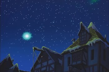 Movie still from “Animaniacs: Wakko's Wish” (1999), directed by Kirk Tingblad – A night sky with stars and a building with snow on the roof; Extreme Wide shot, Low angle