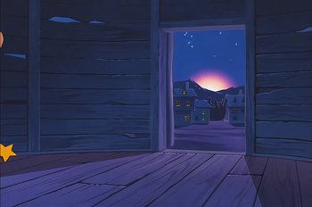 Movie still from “Animaniacs: Wakko's Wish” (1999), directed by Kirk Tingblad – An open door to an old western town at night; Extreme Wide shot, Low angle