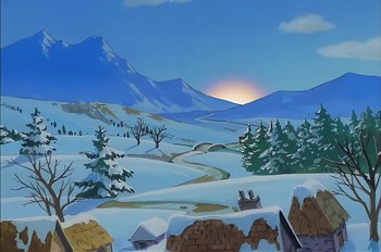Movie still from “Animaniacs: Wakko's Wish” (1999), directed by Kirk Tingblad – A painting of a snowy landscape with mountains in the background; Extreme Wide shot, Low angle