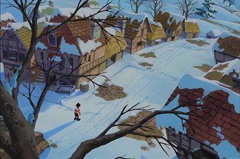 Movie still from “Animaniacs: Wakko's Wish” (1999), directed by Kirk Tingblad – An animated scene of a town with snow on the ground; Extreme Wide shot, High angle