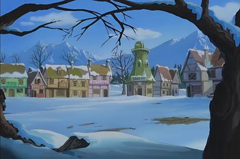 Movie still from “Animaniacs: Wakko's Wish” (1999), directed by Kirk Tingblad – A painting of a town with snow on the ground; Extreme Wide shot, High angle