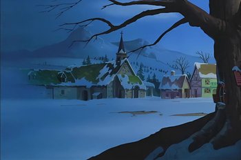 Movie still from “Animaniacs: Wakko's Wish” (1999), directed by Kirk Tingblad – A painting of a snowy town with a church steeple in the background; Extreme Wide shot, Low angle