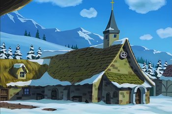 Movie still from “Animaniacs: Wakko's Wish” (1999), directed by Kirk Tingblad – An old church in the middle of a snowy field; Extreme Wide shot, Low angle