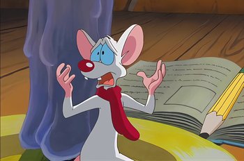 Movie still from “Animaniacs: Wakko's Wish” (1999), directed by Kirk Tingblad – A cartoon of a mouse wearing a red neck tie; Close Up shot, High angle