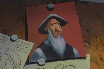 Movie still from “Animaniacs: Wakko's Wish” (1999), directed by Kirk Tingblad – A painting of an old man wearing a hat; Close Up shot, Overhead angle