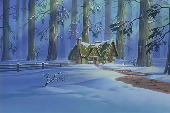 Movie still from “Animaniacs: Wakko's Wish” (1999), directed by Kirk Tingblad – An animated house in the middle of a snowy forest; Extreme Wide shot, Low angle