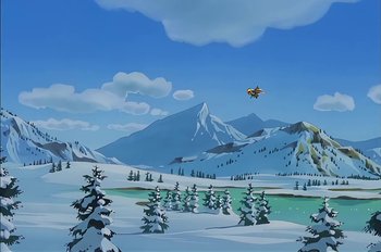 Movie still from “Animaniacs: Wakko's Wish” (1999), directed by Kirk Tingblad – An airplane flying in the sky over a snow covered mountain; Extreme Wide shot, Low angle