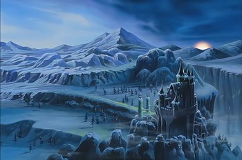 Movie still from “Animaniacs: Wakko's Wish” (1999), directed by Kirk Tingblad – An artistic painting of a castle in the middle of a frozen landscape; Extreme Wide shot, High angle