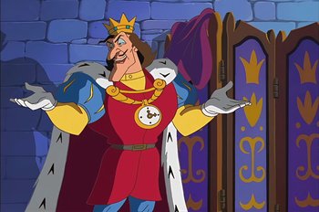 Movie still from “Animaniacs: Wakko's Wish” (1999), directed by Kirk Tingblad – A painting of a cartoon king in a red robe and a crown; Medium shot, Low angle