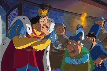 Movie still from “Animaniacs: Wakko's Wish” (1999), directed by Kirk Tingblad – A group of people standing next to each other in front of a brick wall; Medium shot, Low angle