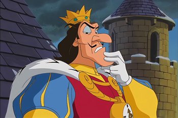 Movie still from “Animaniacs: Wakko's Wish” (1999), directed by Kirk Tingblad – A cartoon character wearing a crown; Close Up shot, Low angle