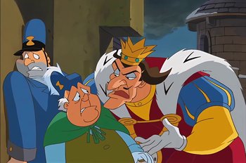 Movie still from “Animaniacs: Wakko's Wish” (1999), directed by Kirk Tingblad – A cartoon picture of a king and a boy; Medium shot, Over the shoulder angle