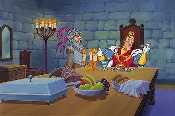 Movie still from “Animaniacs: Wakko's Wish” (1999), directed by Kirk Tingblad – A painting of a king and queen sitting at a dinner table; Wide shot, Over the shoulder angle