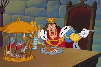 Movie still from “Animaniacs: Wakko's Wish” (1999), directed by Kirk Tingblad – A cartoon of a king and a bird in a birdcage; Medium shot, Over the shoulder angle