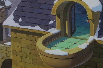 Movie still from “Animaniacs: Wakko's Wish” (1999), directed by Kirk Tingblad – View of a toilet in a building; Extreme Wide shot, High angle