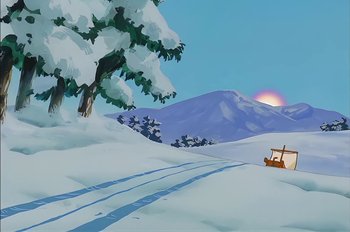 Movie still from “Animaniacs: Wakko's Wish” (1999), directed by Kirk Tingblad – A painting of a snow covered hill with a ski slope in the background; Extreme Wide shot, Low angle