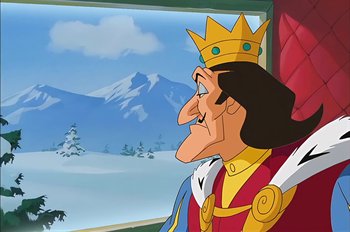 Movie still from “Animaniacs: Wakko's Wish” (1999), directed by Kirk Tingblad – A cartoon of a king looking out of a window; Medium shot, Over the shoulder angle