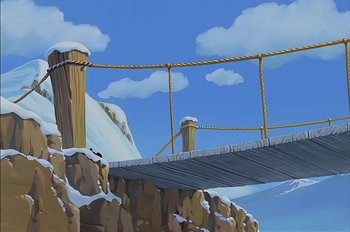 Movie still from “Animaniacs: Wakko's Wish” (1999), directed by Kirk Tingblad – A bridge over a river with snow on the ground; Extreme Wide shot, Low angle