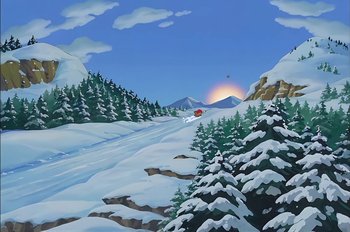 Movie still from “Animaniacs: Wakko's Wish” (1999), directed by Kirk Tingblad – A painting of a snowy landscape with a red car driving down the road; Extreme Wide shot, Low angle
