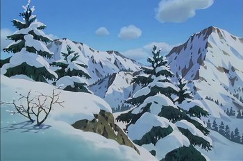 Movie still from “Animaniacs: Wakko's Wish” (1999), directed by Kirk Tingblad – A painting of snow covered mountains and trees; Extreme Wide shot, Low angle