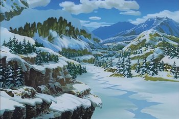 Movie still from “Animaniacs: Wakko's Wish” (1999), directed by Kirk Tingblad – A painting of a snowy mountain with a river; Extreme Wide shot, High angle