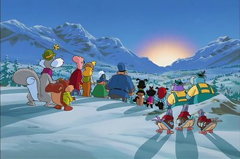 Movie still from “Animaniacs: Wakko's Wish” (1999), directed by Kirk Tingblad – A group of people standing on top of a snow covered slope; Extreme Wide shot, High angle