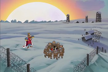 Movie still from “Animaniacs: Wakko's Wish” (1999), directed by Kirk Tingblad – A group of people standing in the middle of a snow covered field; Extreme Wide shot, High angle