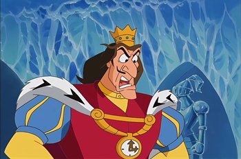 Movie still from “Animaniacs: Wakko's Wish” (1999), directed by Kirk Tingblad – A cartoon character with a mountain in the background; Medium shot, Low angle