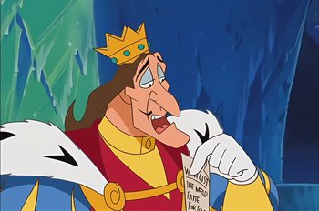 Movie still from “Animaniacs: Wakko's Wish” (1999), directed by Kirk Tingblad – A cartoon of a man with a crown holding a newspaper; Medium shot, Low angle