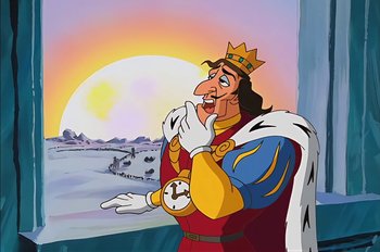Movie still from “Animaniacs: Wakko's Wish” (1999), directed by Kirk Tingblad – A cartoon of a man in a crown with his hands near his mouth; Medium shot, Low angle