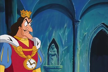 Movie still from “Animaniacs: Wakko's Wish” (1999), directed by Kirk Tingblad – A painting of a king looking at a statue; Medium shot, Over the shoulder angle
