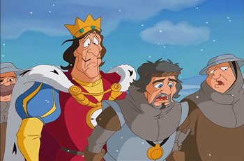 Movie still from “Animaniacs: Wakko's Wish” (1999), directed by Kirk Tingblad – A cartoon of a king and a knight in the middle of a battle; Medium shot, Low angle