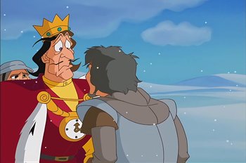 Movie still from “Animaniacs: Wakko's Wish” (1999), directed by Kirk Tingblad – A cartoon of a king looking at a man in a suit; Medium shot, Over the shoulder angle