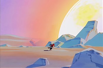 Movie still from “Animaniacs: Wakko's Wish” (1999), directed by Kirk Tingblad – An animated picture of a person riding a bike; Extreme Wide shot, Low angle