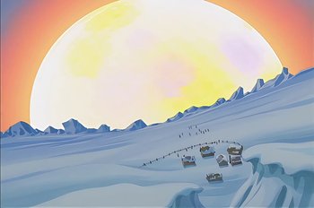 Movie still from “Animaniacs: Wakko's Wish” (1999), directed by Kirk Tingblad – An illustration of an icy landscape with mountains in the background; Extreme Wide shot, Low angle