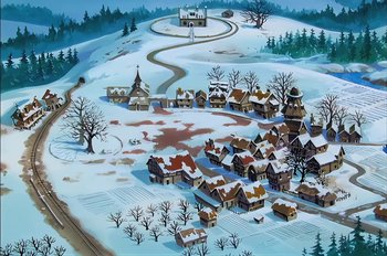Movie still from “Animaniacs: Wakko's Wish” (1999), directed by Kirk Tingblad – An aerial view of a town in the snow; Extreme Wide shot, High angle