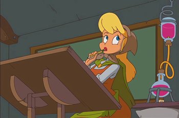 Movie still from “Animaniacs: Wakko's Wish” (1999), directed by Kirk Tingblad – A cartoon of a woman sitting at a desk; Medium shot, High angle